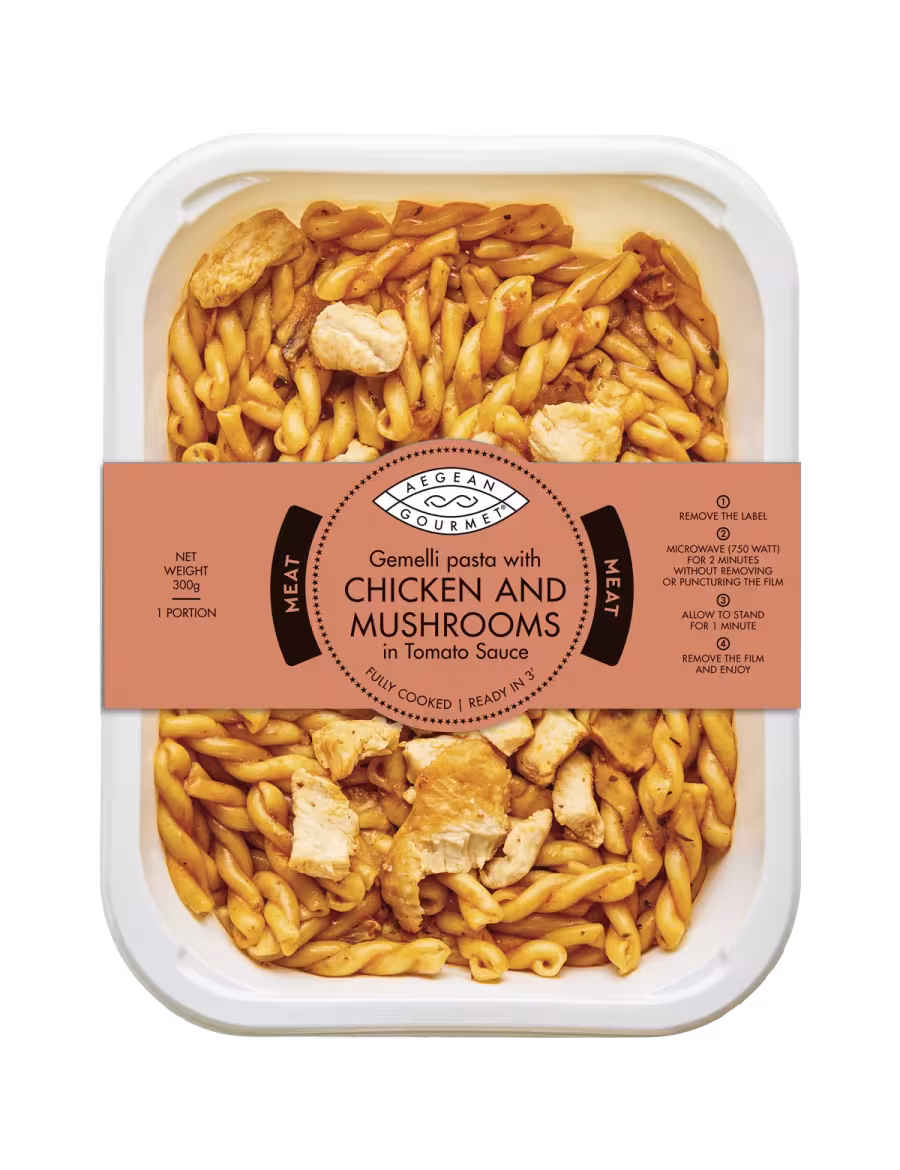 Gemelli pasta with CHICKEN AND MUSHROOMS in Tomato Sauce